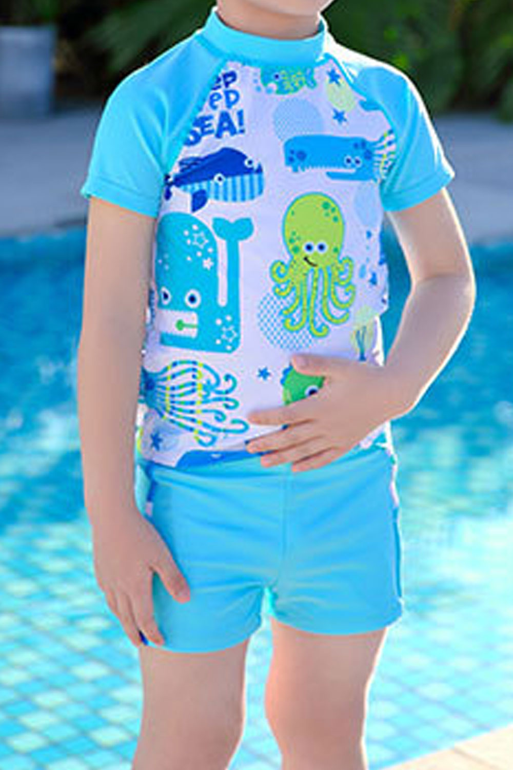 Kids Boys Elegent Printed Pattern Thin & Soft Short Sleeve Comfy Round Neck Two-Piece Pool Swimwear
