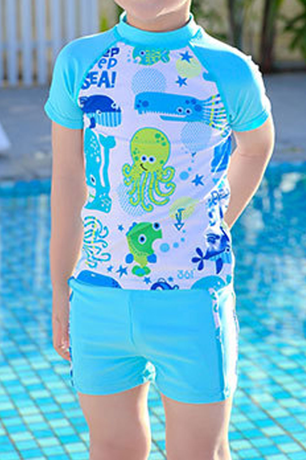 Kids Boys Elegent Printed Pattern Thin & Soft Short Sleeve Comfy Round Neck Two-Piece Pool Swimwear