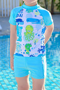 Kids Boys Elegent Printed Pattern Thin & Soft Short Sleeve Comfy Round Neck Two-Piece Pool Swimwear