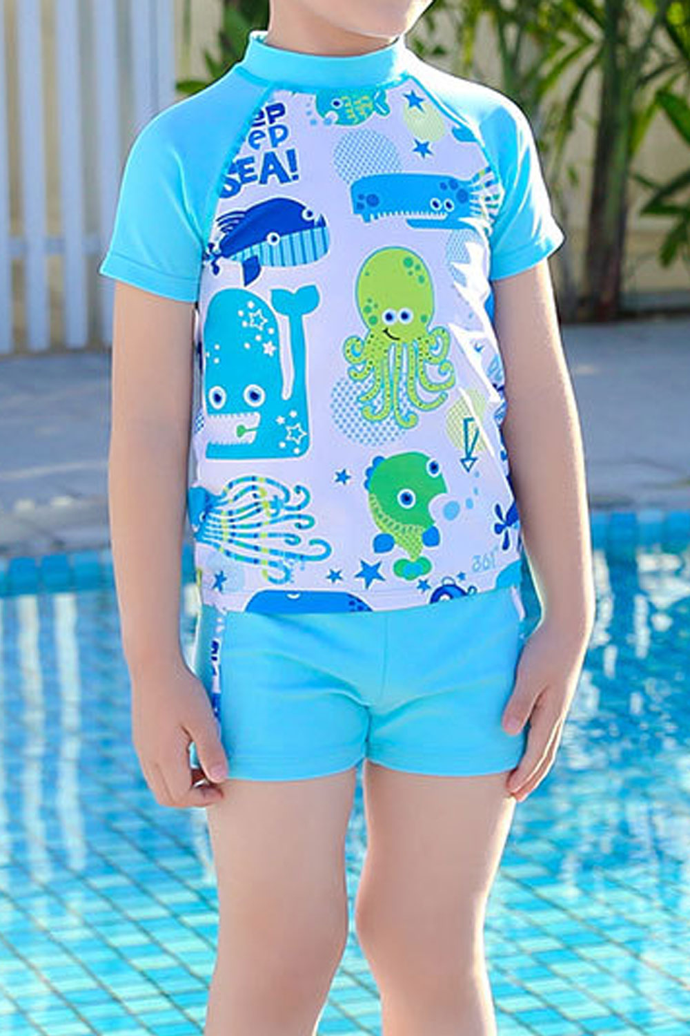 Kids Boys Elegent Printed Pattern Thin & Soft Short Sleeve Comfy Round Neck Two-Piece Pool Swimwear