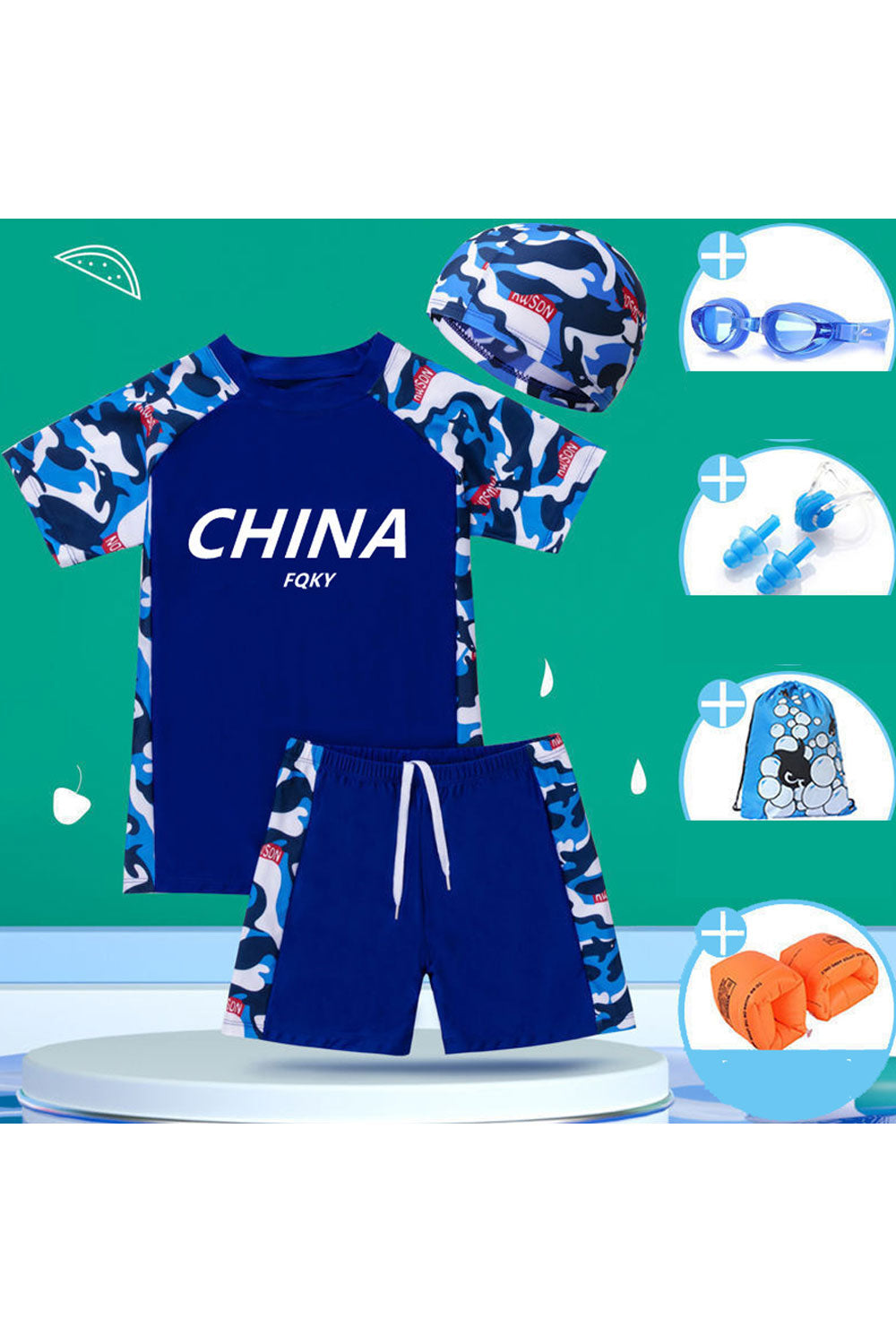 Kids Boys Fashionable Printed Pattern Thin Short Sleeve Comfortable Waist Two-Piece Beach Swimwear