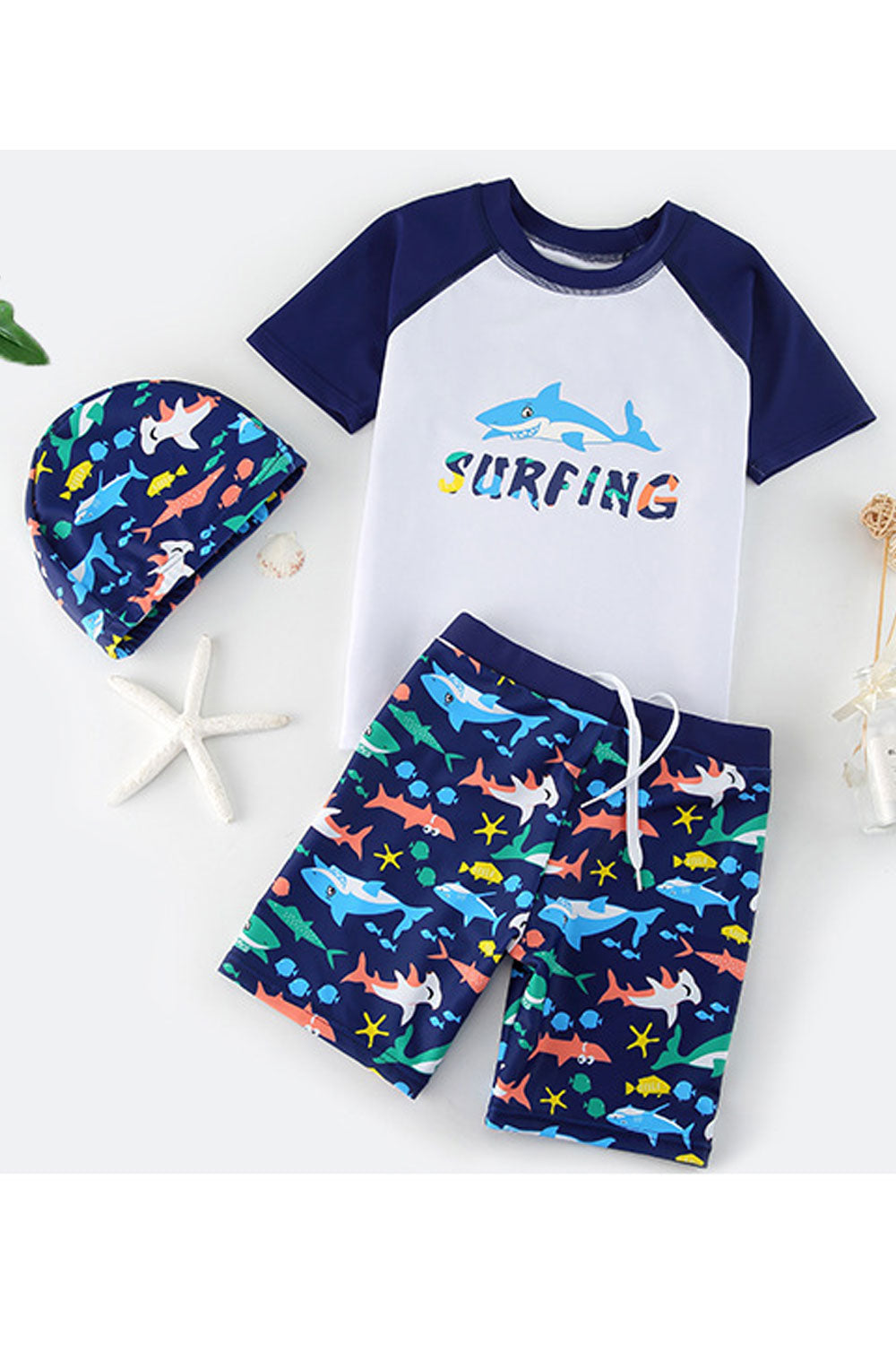 Kids Boys Restful Drawstring Waist Lovely Printed Pattern Round Neck Summer Two-Piece Pool Swimwear