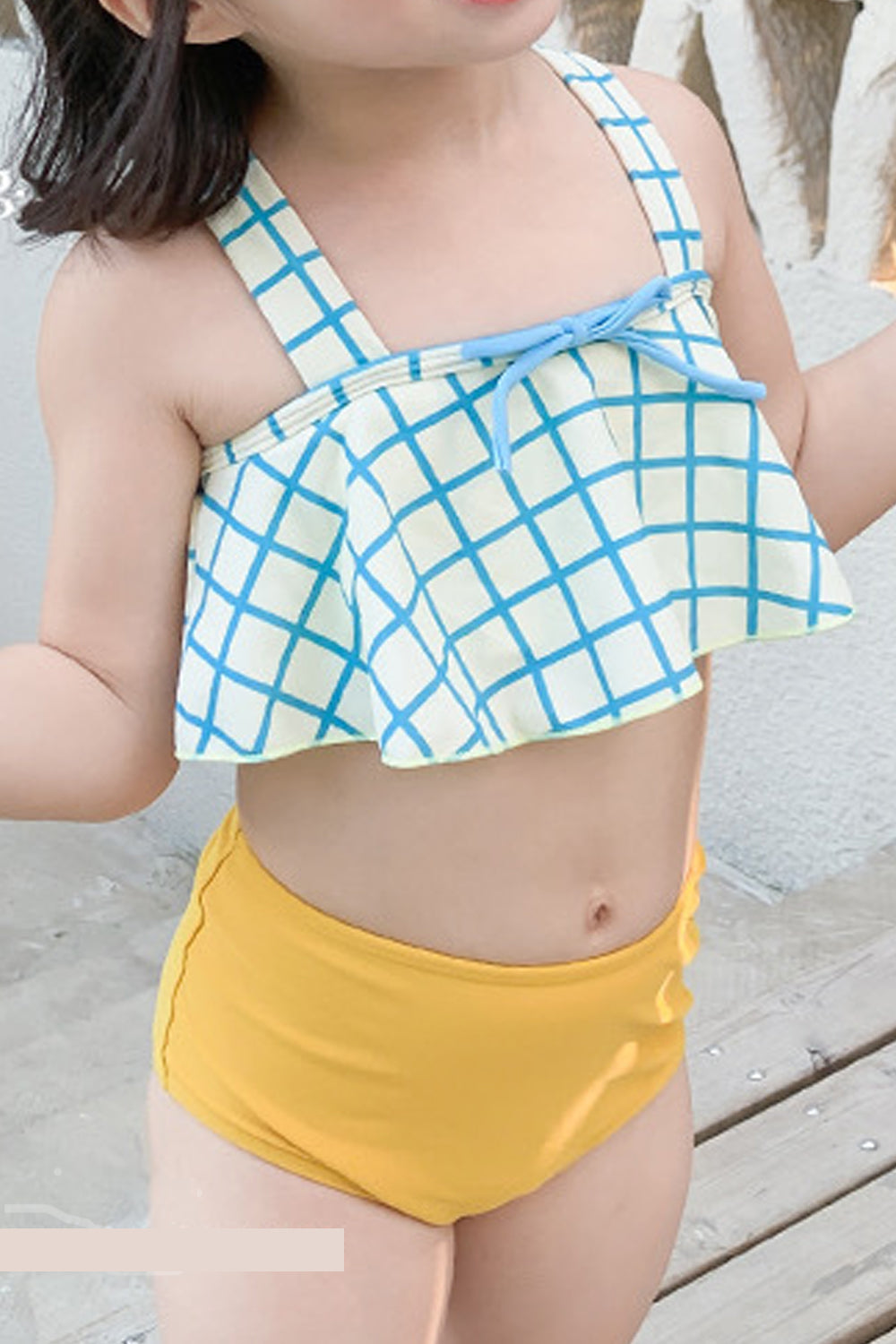 Kids Girls Lovely Plaid Pattern Durable Straped Shoulder Restful Mid-Waist Two-Piece Pool Swimwear