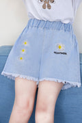 Kids Girls Gorgeous Floral Pattern Elasticated Waist Casual Weekened Summer Denim Short