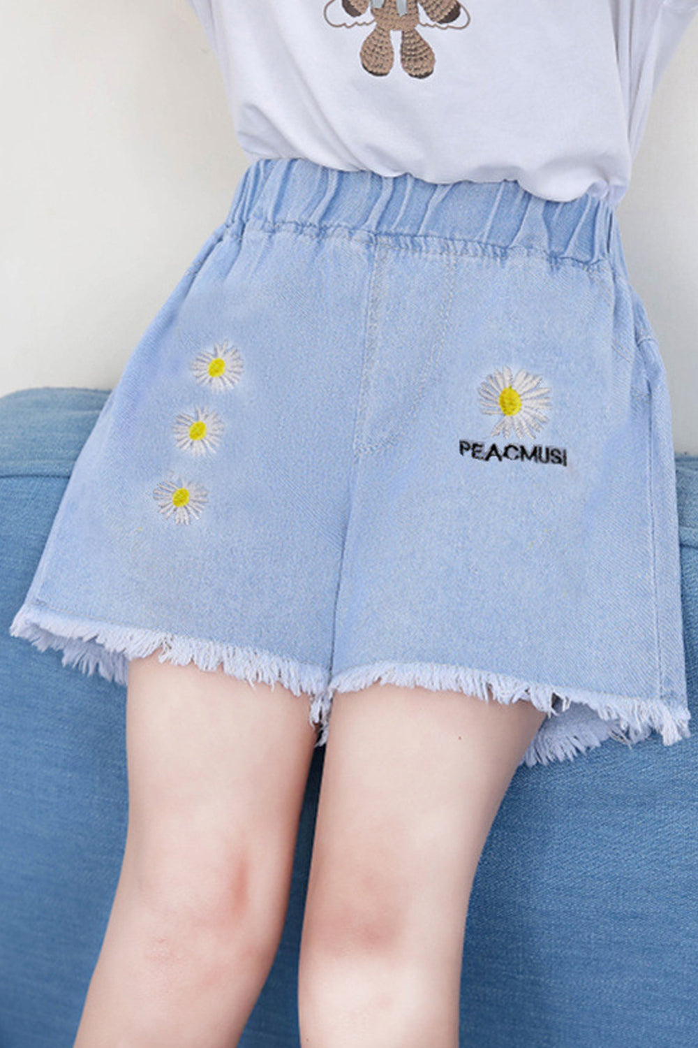Kids Girls Gorgeous Floral Pattern Elasticated Waist Casual Weekened Summer Denim Short