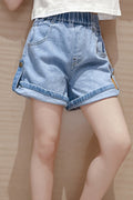 Kids Girls Dazzling Elasticated Waist Solid Pattern Folded Button Style Closure Summer Denim Short