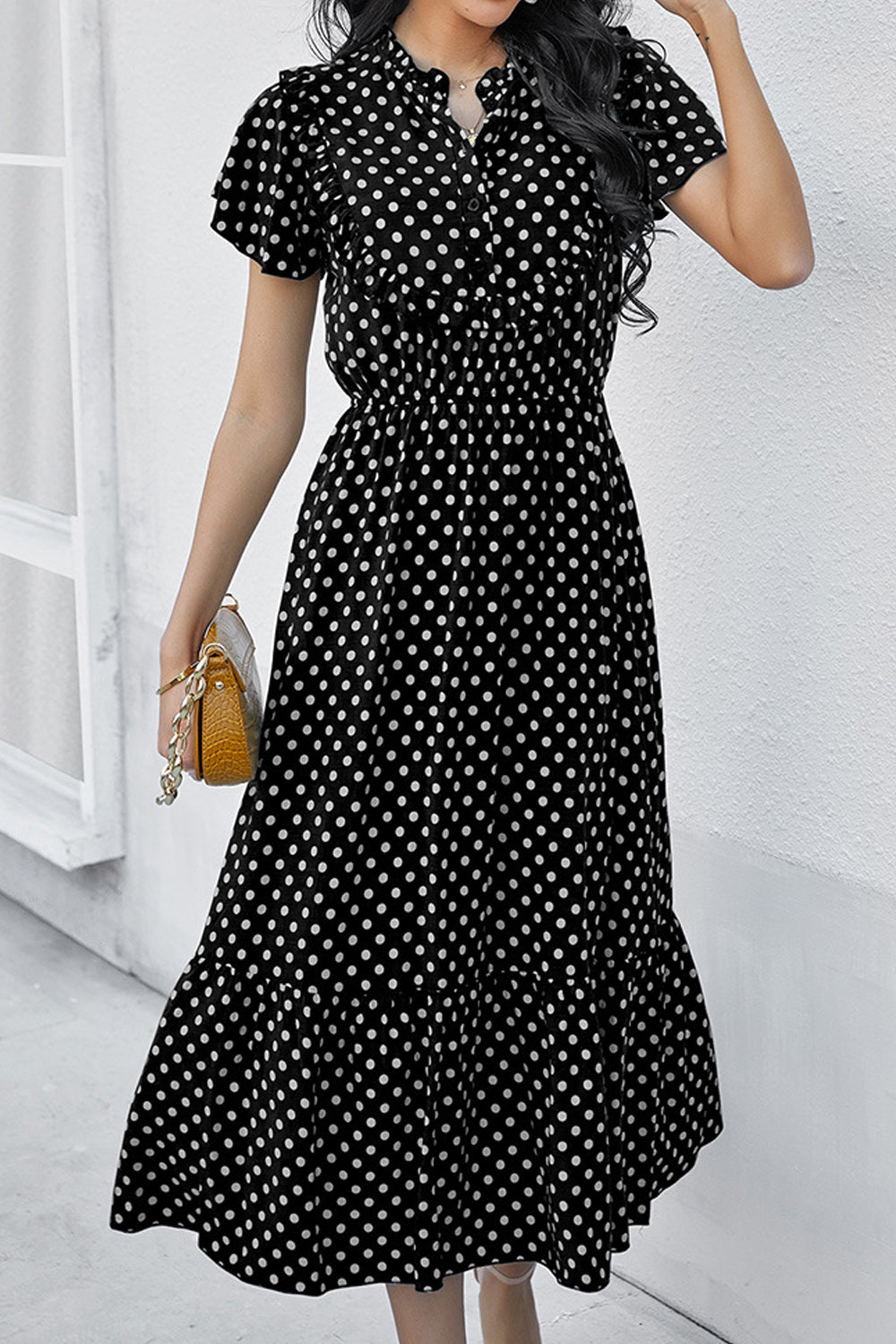 Women Elegent Polka Dotted Pattern Summer Styled V-Neck Thin Short Sleeve Mid-Length Party Dress