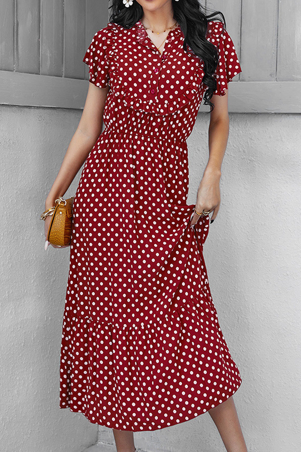 Women Elegent Polka Dotted Pattern Summer Styled V-Neck Thin Short Sleeve Mid-Length Party Dress