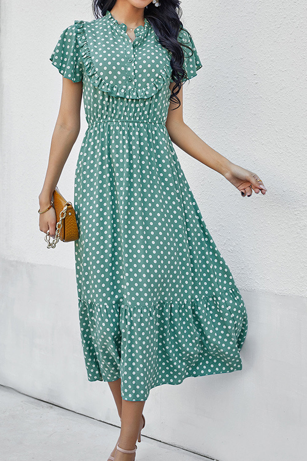 Women Elegent Polka Dotted Pattern Summer Styled V-Neck Thin Short Sleeve Mid-Length Party Dress