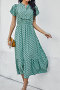 Women Elegent Polka Dotted Pattern Summer Styled V-Neck Thin Short Sleeve Mid-Length Party Dress
