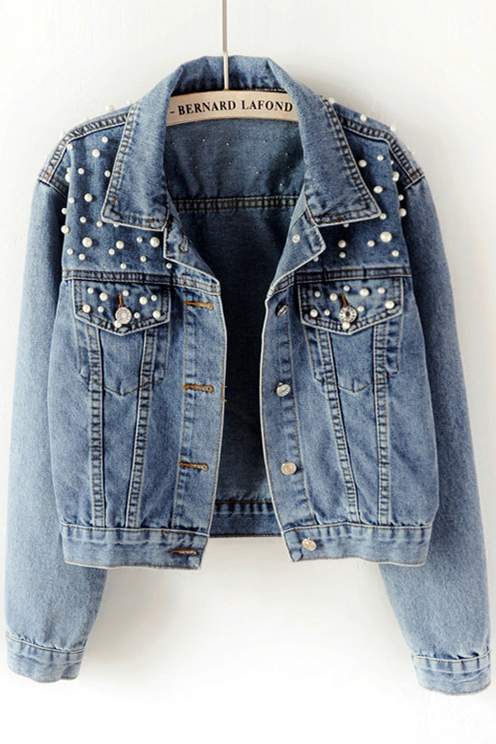 Women Small Beads Decorated Collar Neck Loose Long Sleeve Modern Denim Jacket