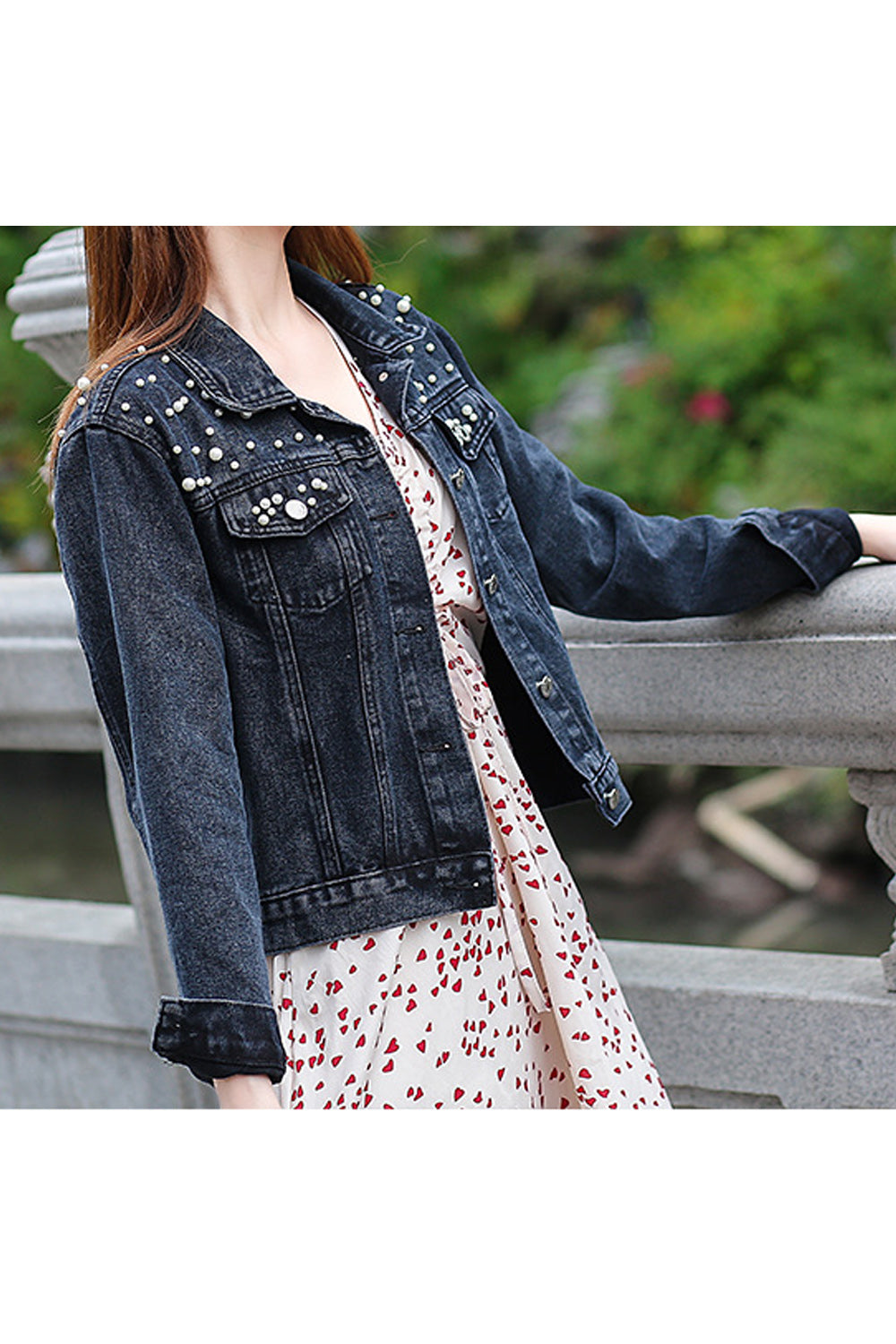 Women Small Beads Decorated Collar Neck Loose Long Sleeve Modern Denim Jacket
