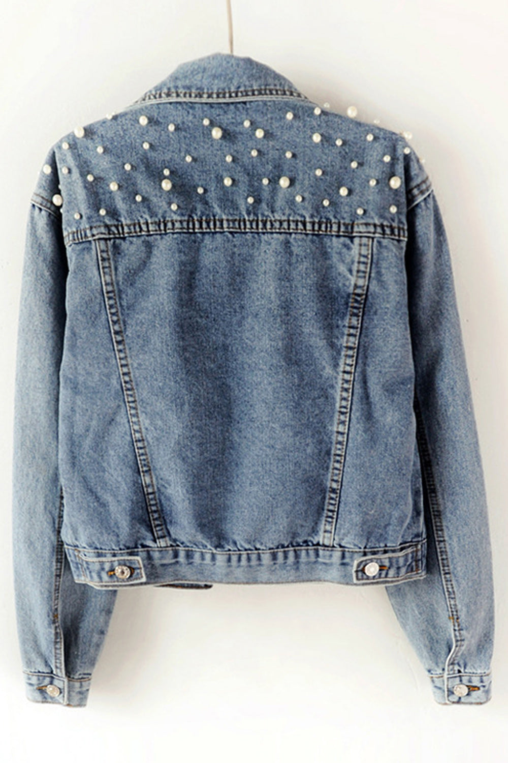 Women Small Beads Decorated Collar Neck Loose Long Sleeve Modern Denim Jacket