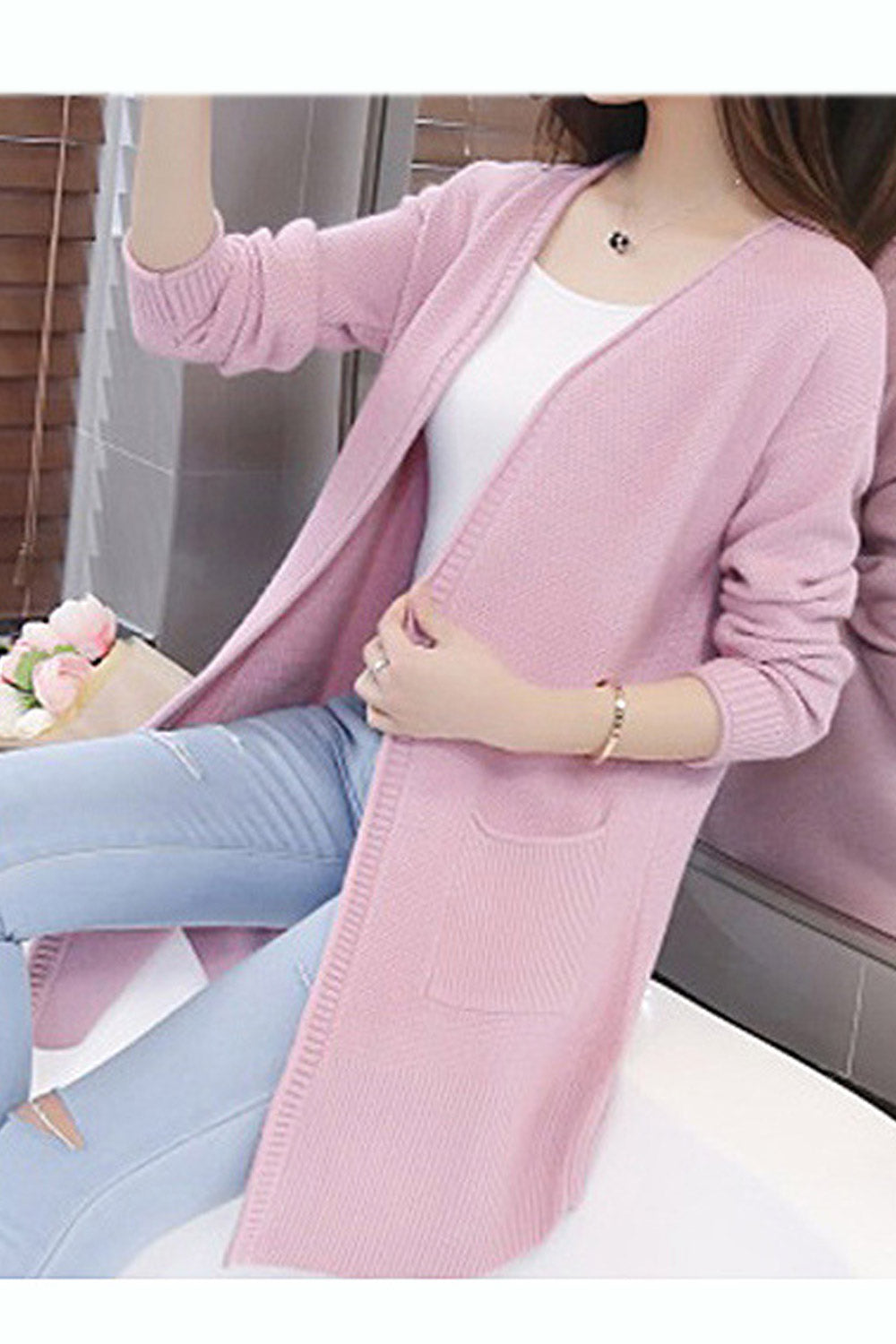 Women Solid Tone Mid Length Warm Knit Modern Cadigan