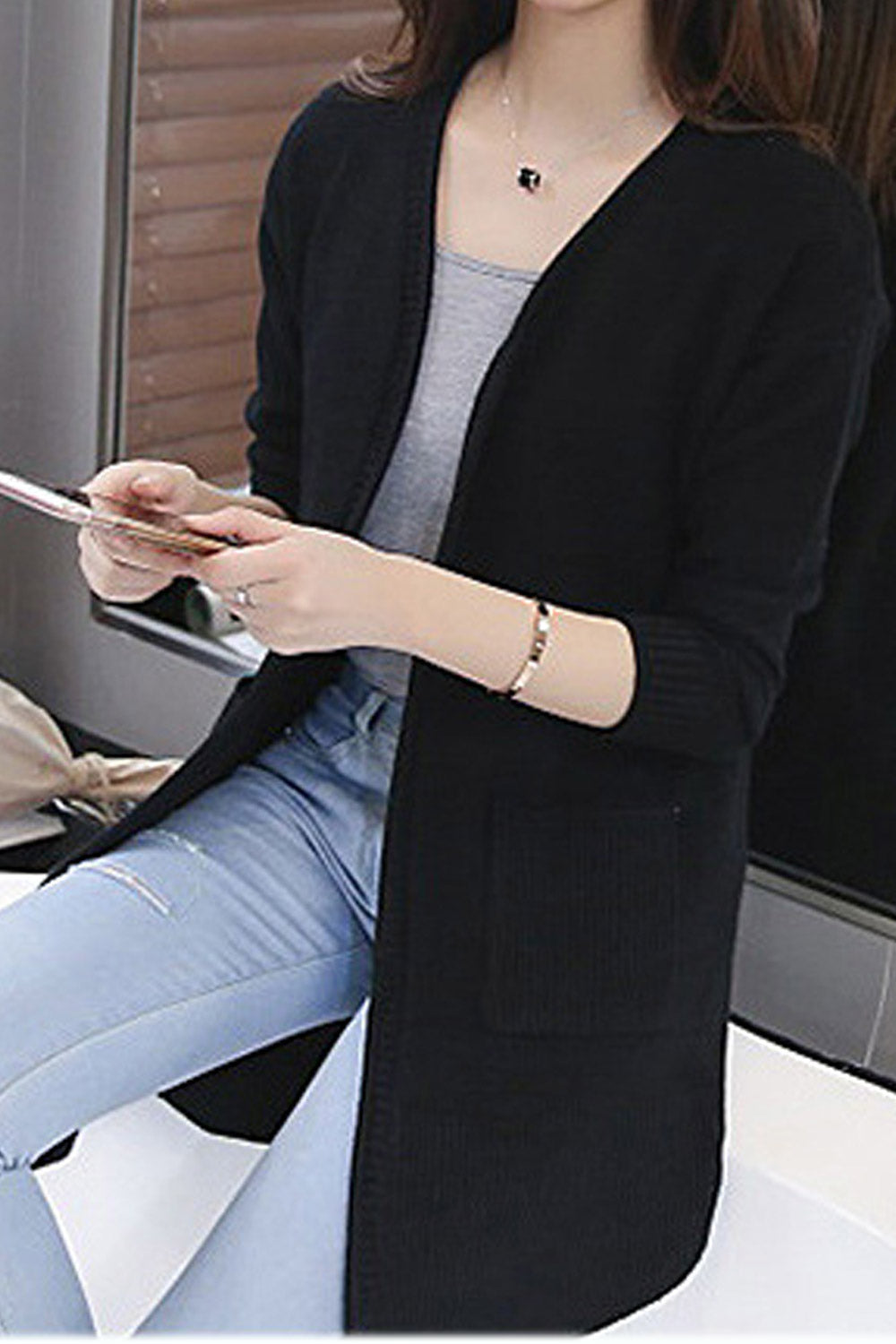 Women Solid Tone Mid Length Warm Knit Modern Cadigan