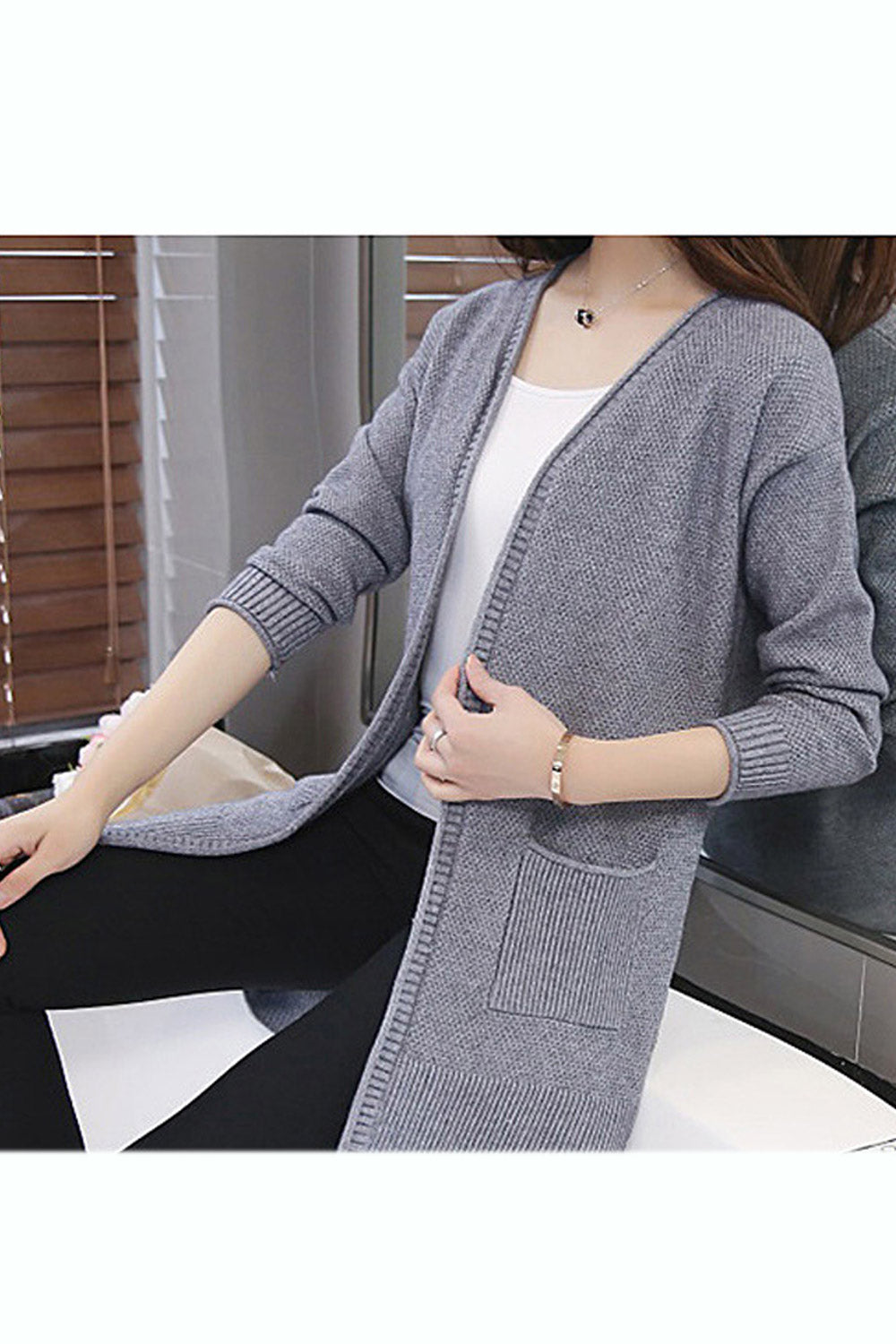 Women Solid Tone Mid Length Warm Knit Modern Cadigan