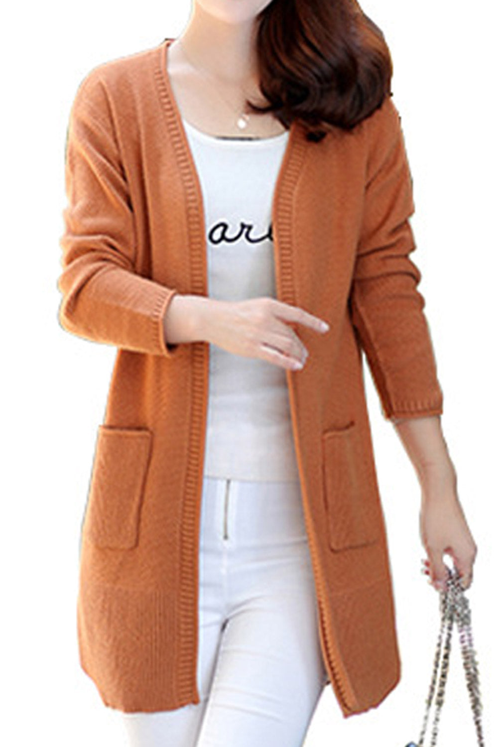 Women Solid Tone Mid Length Warm Knit Modern Cadigan