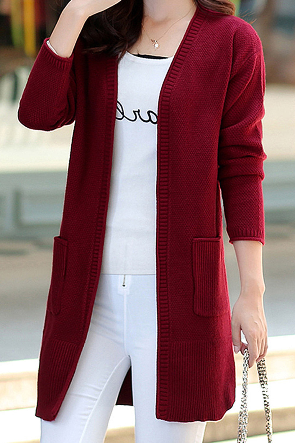 Women Solid Tone Mid Length Warm Knit Modern Cadigan