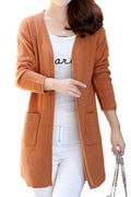 Women Solid Tone Mid Length Warm Knit Modern Cadigan