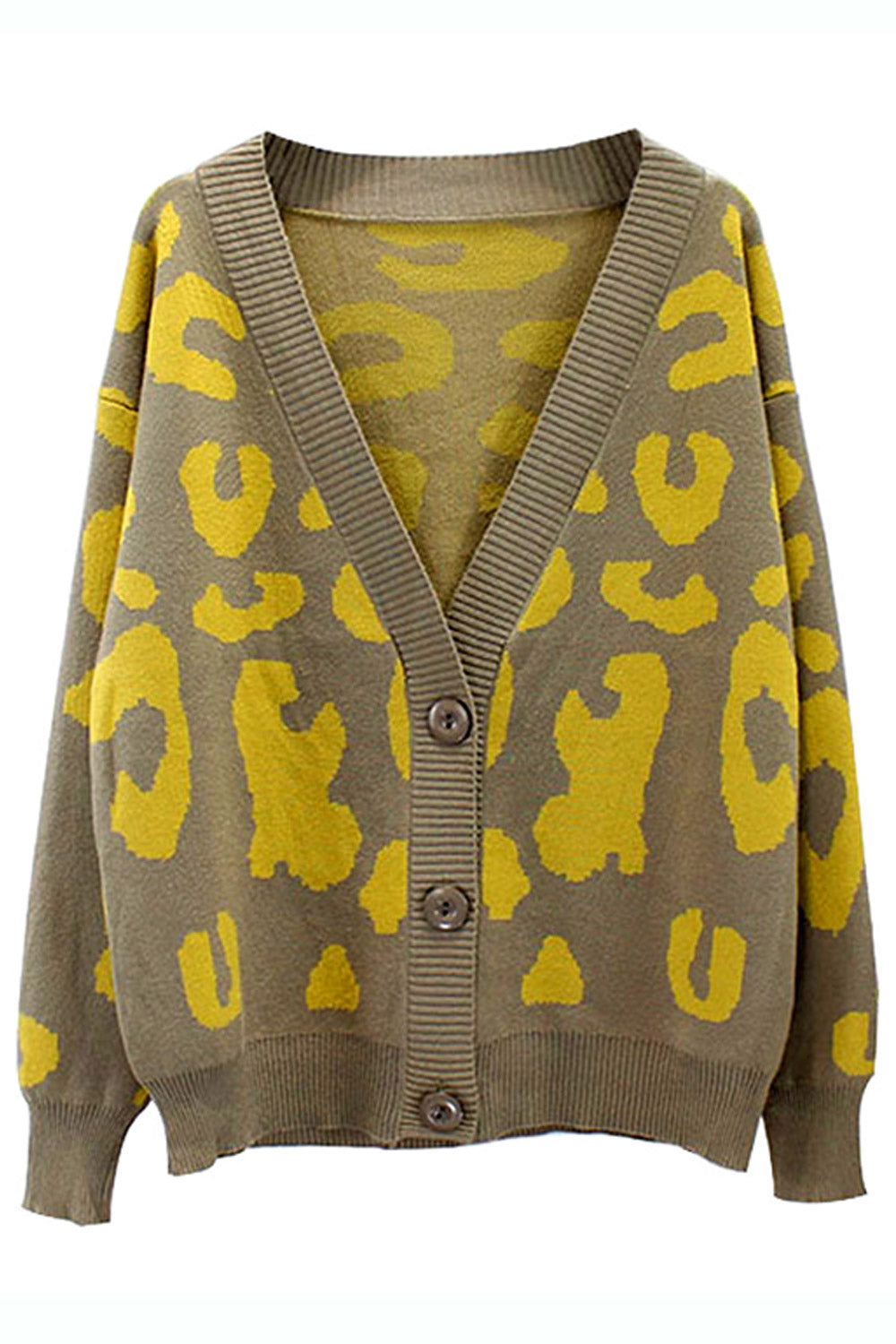 Women V-Neck Leopard Printed Elastic Cuff Warm & Thick Cardigan