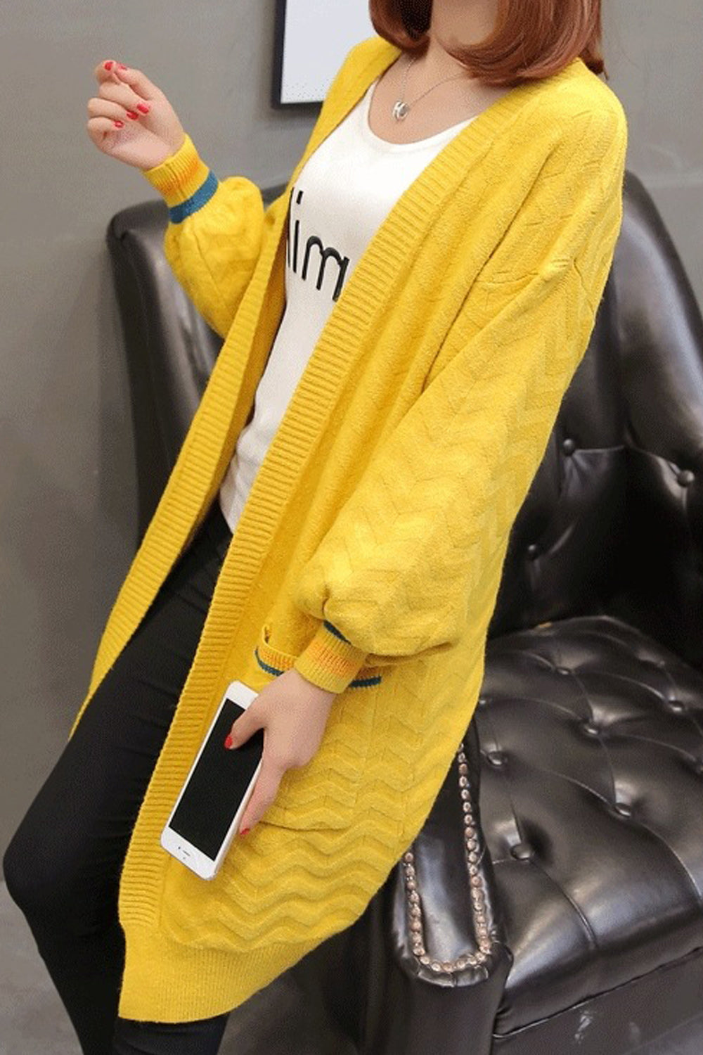 Women Ribbed Cuff Long Sleeve Elegant Solid Pattern Cozy Cardigan