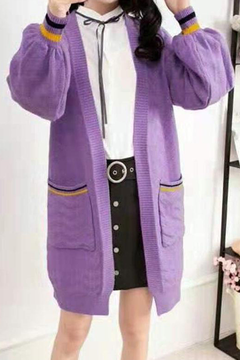 Women Ribbed Cuff Long Sleeve Elegant Solid Pattern Cozy Cardigan