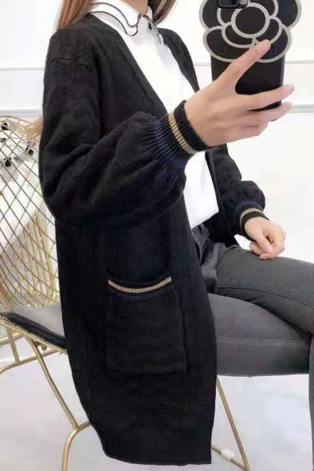 Women Ribbed Cuff Long Sleeve Elegant Solid Pattern Cozy Cardigan