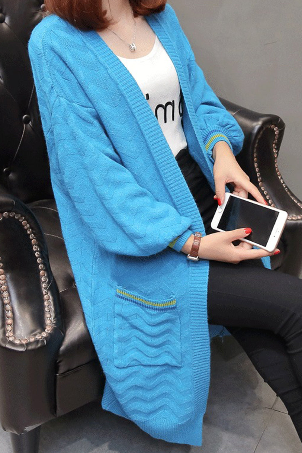 Women Ribbed Cuff Long Sleeve Elegant Solid Pattern Cozy Cardigan