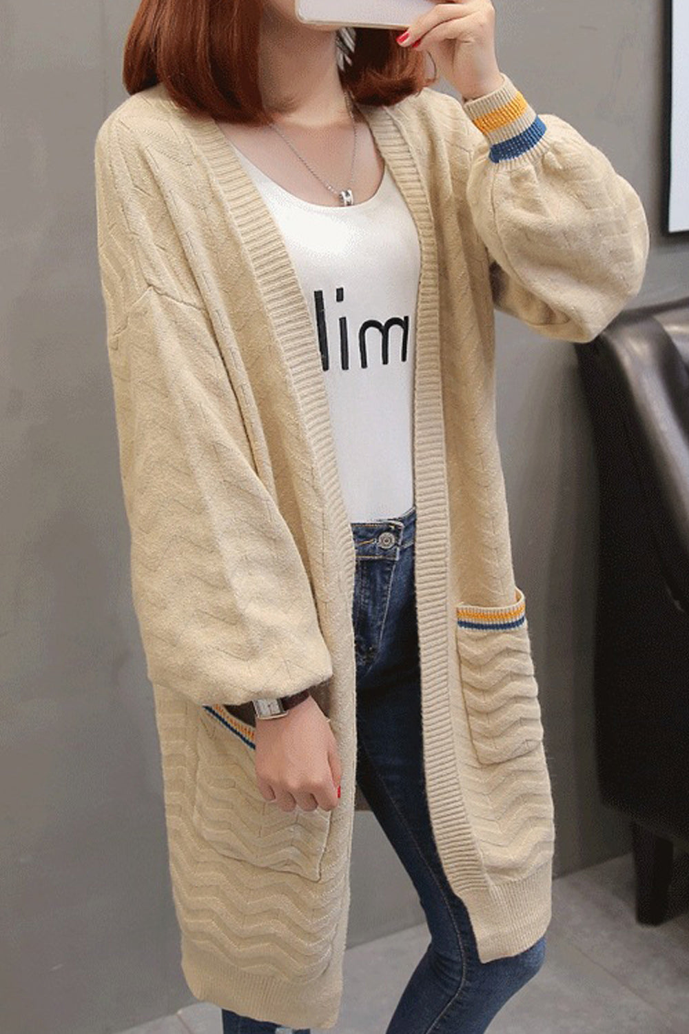 Women Ribbed Cuff Long Sleeve Elegant Solid Pattern Cozy Cardigan