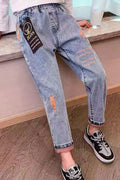 Kids Girls Sophisticated Letter Pattern Summer Relaxed Fit Elasticated Mid-Waist Denim Jeans