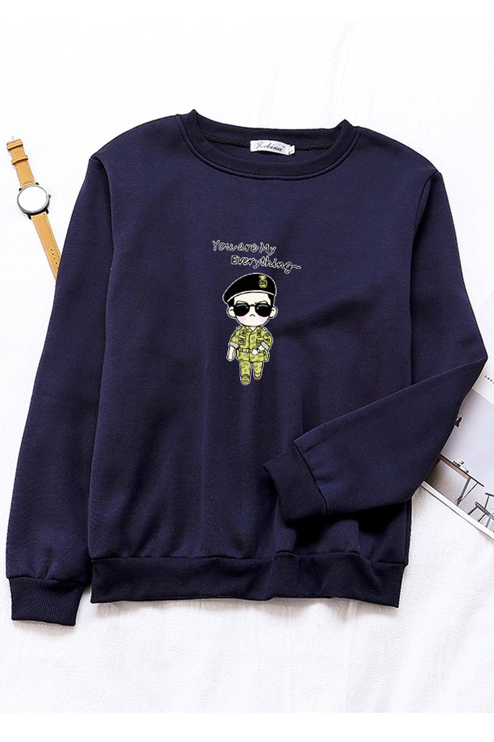 Women Lovely Ribbed Hem Round Neck Printed Pattern Winter Sweatshirt