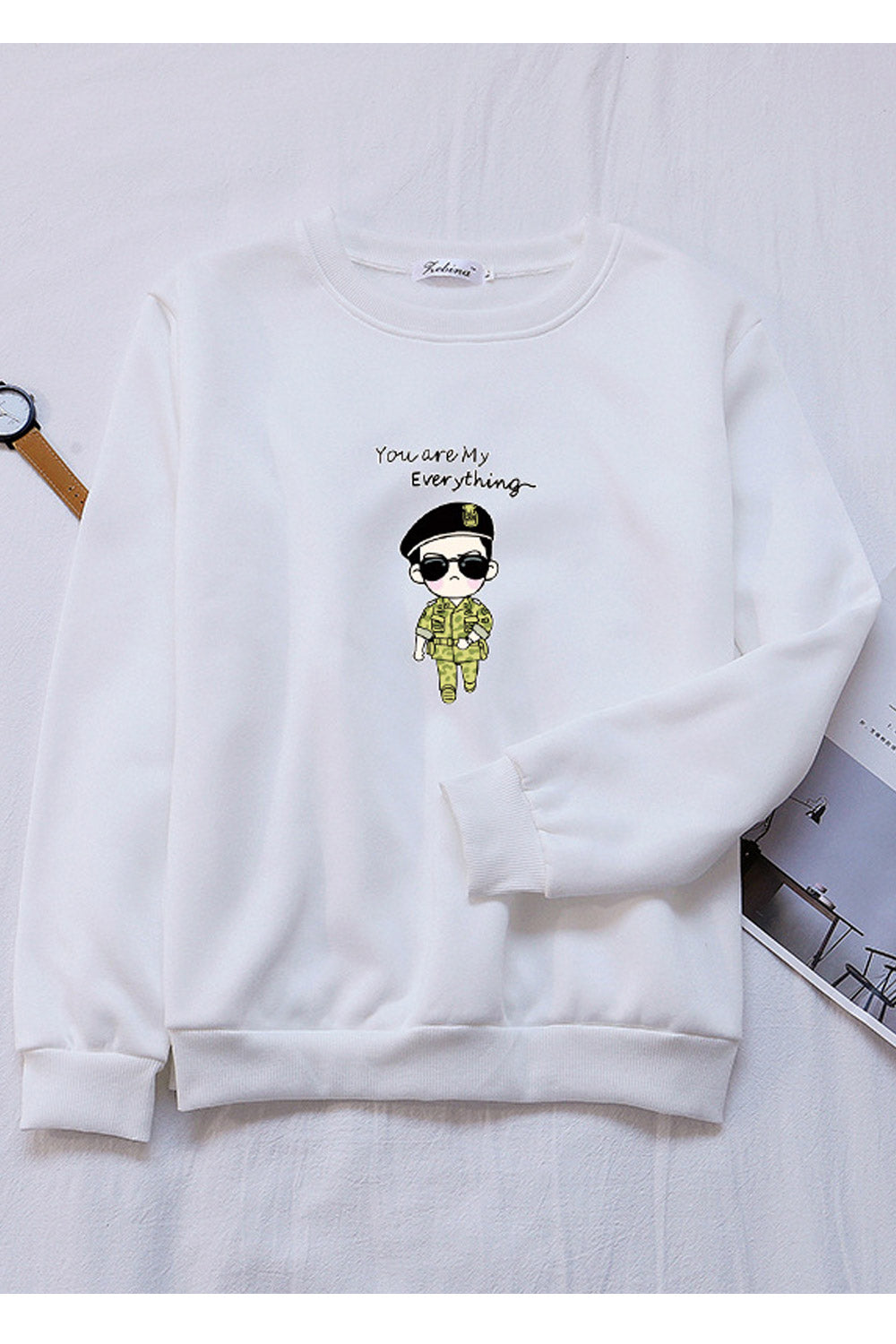Women Lovely Ribbed Hem Round Neck Printed Pattern Winter Sweatshirt