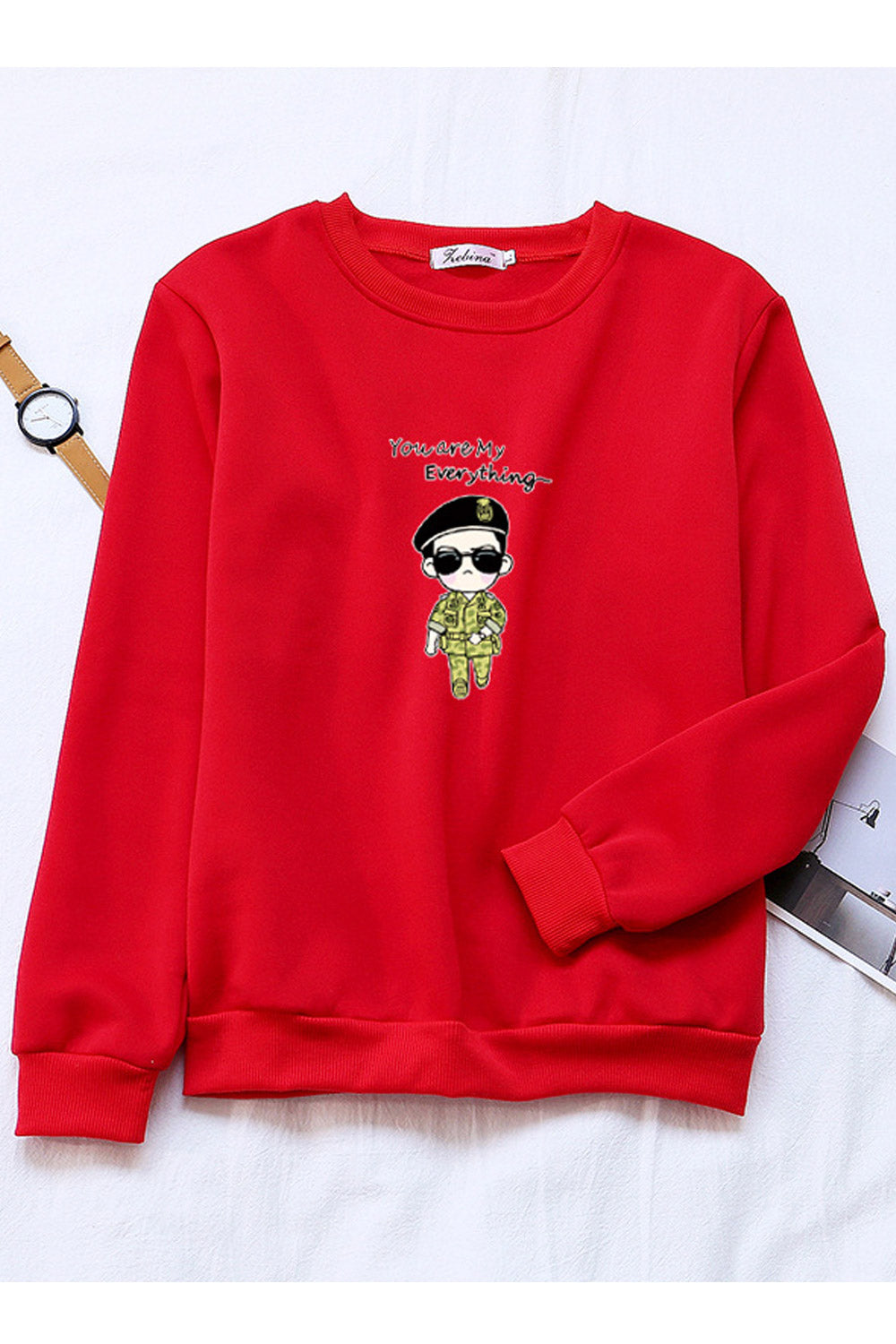 Women Lovely Ribbed Hem Round Neck Printed Pattern Winter Sweatshirt