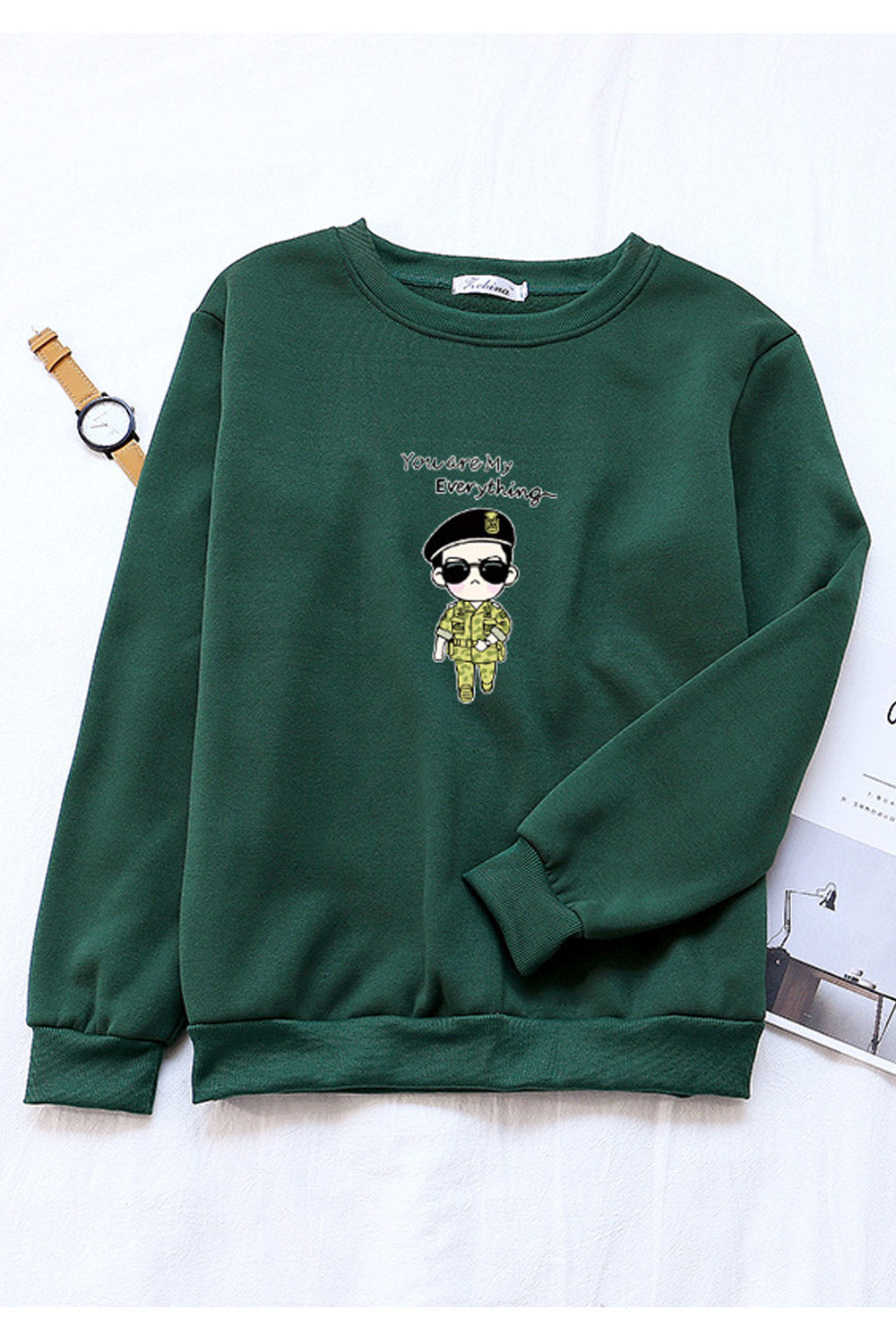 Women Lovely Ribbed Hem Round Neck Printed Pattern Winter Sweatshirt