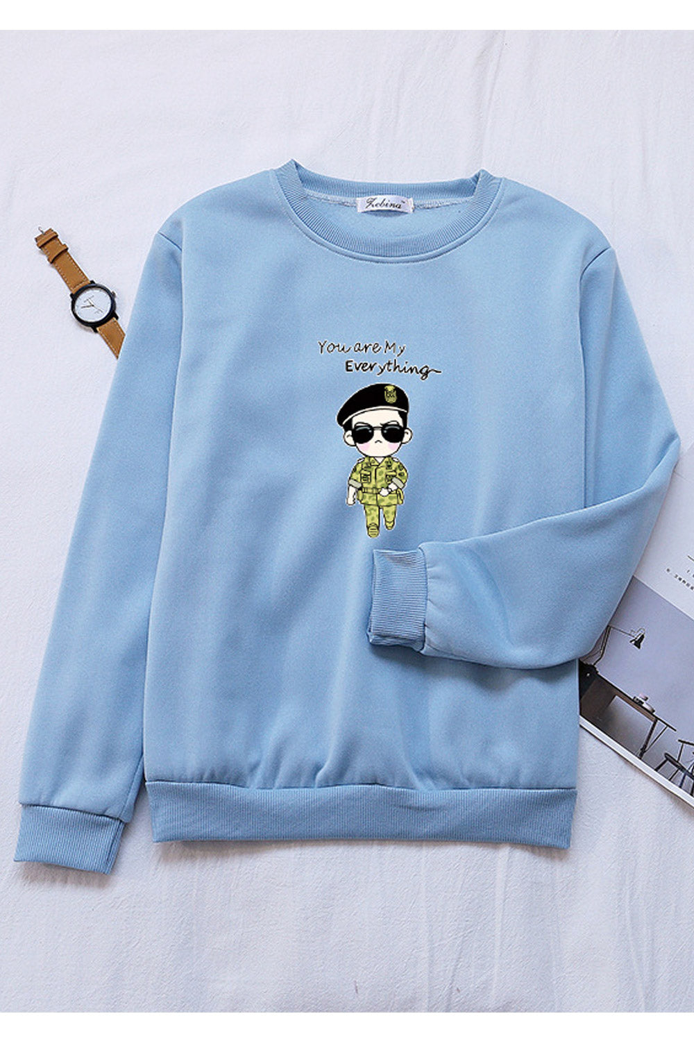 Women Lovely Ribbed Hem Round Neck Printed Pattern Winter Sweatshirt