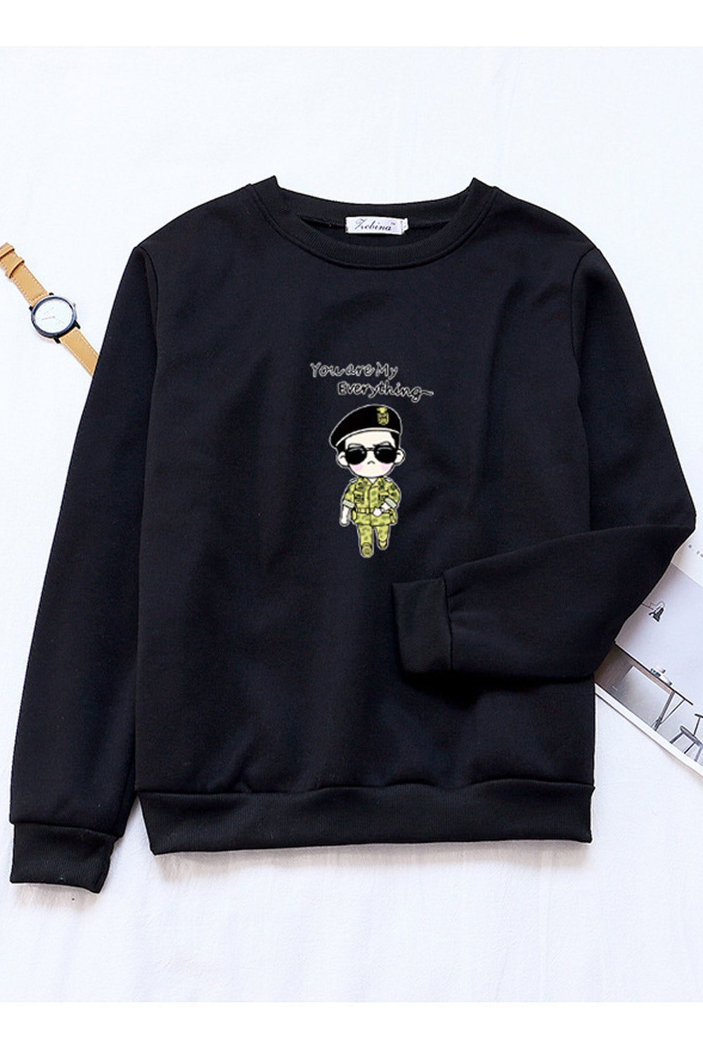 Women Lovely Ribbed Hem Round Neck Printed Pattern Winter Sweatshirt