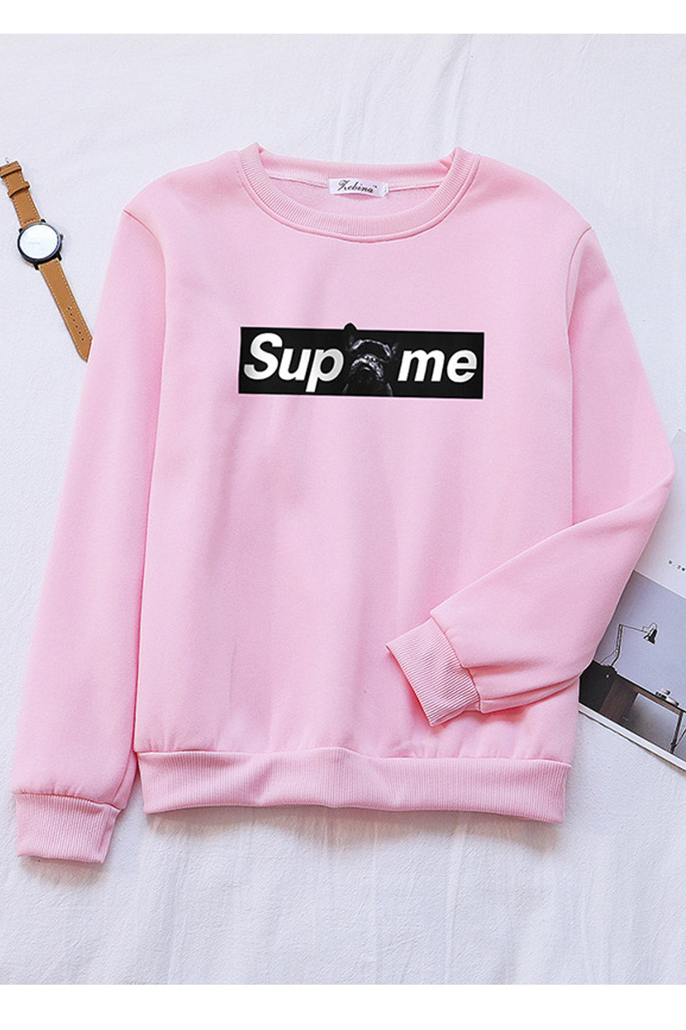 Women Elegant Long Sleeve Ribbed Cuff Printed Pattern Winter Sweatshirt