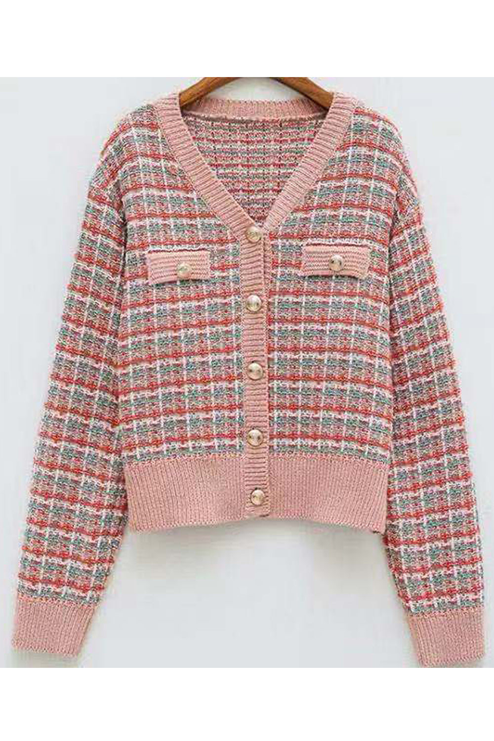 Women Awesome Plaid Pattern Warm Long Sleeve Button Closure V-Neck Winter Fashion Cardigan