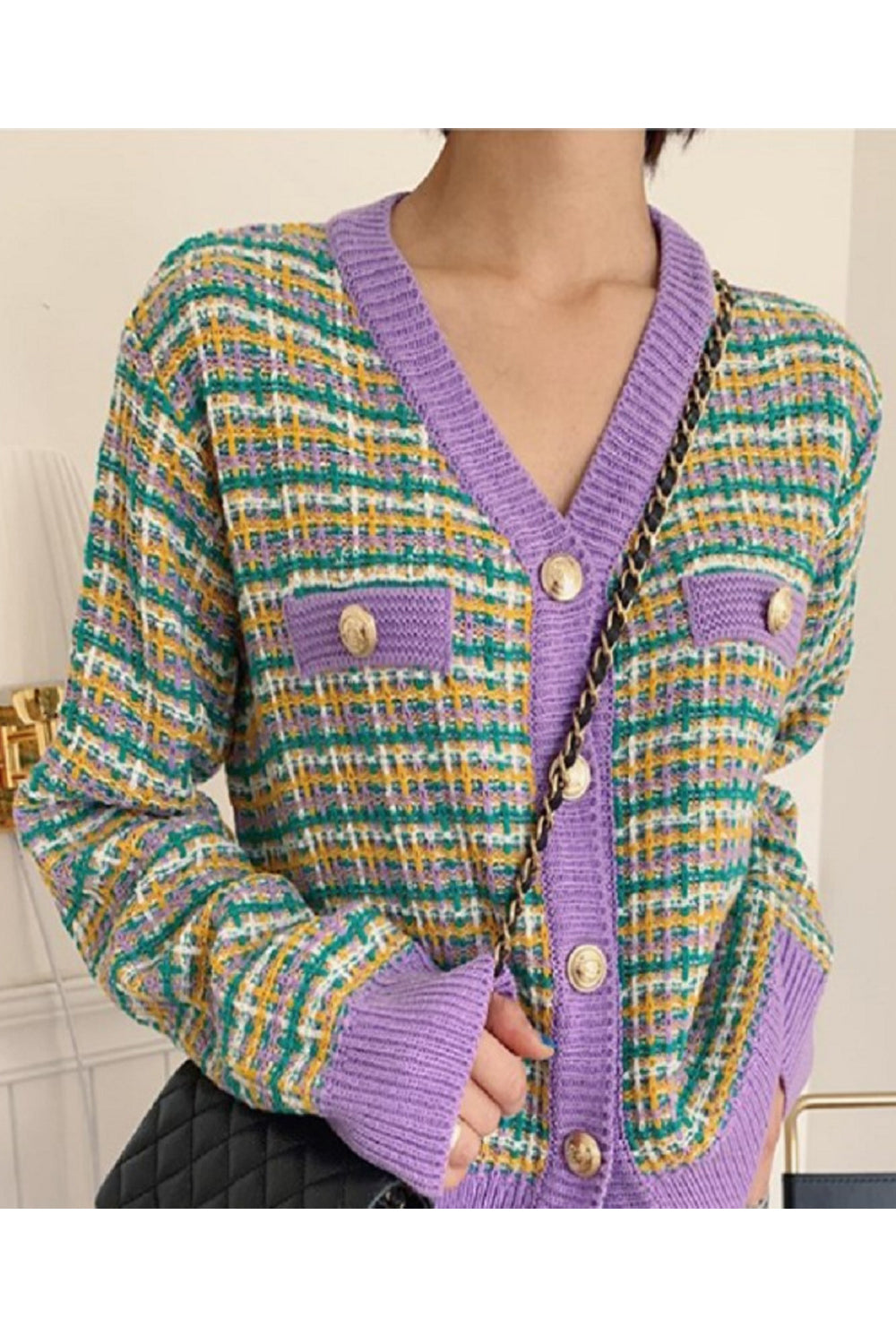 Women Awesome Plaid Pattern Warm Long Sleeve Button Closure V-Neck Winter Fashion Cardigan