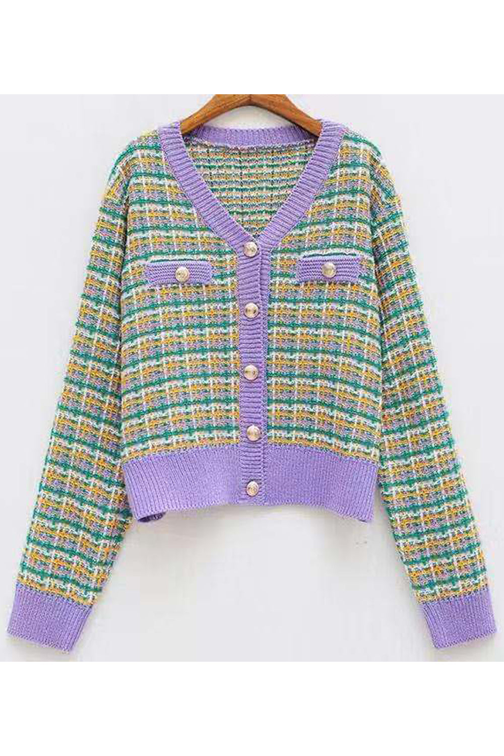 Women Awesome Plaid Pattern Warm Long Sleeve Button Closure V-Neck Winter Fashion Cardigan