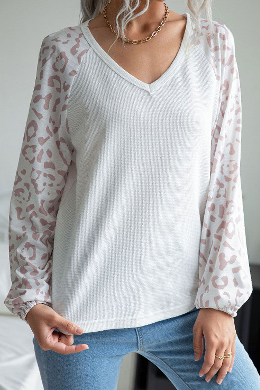 Women Comfortable Long Sleeve Restful V-Neck Superb Leopard Pattern Winter Casual Pullover Sweater
