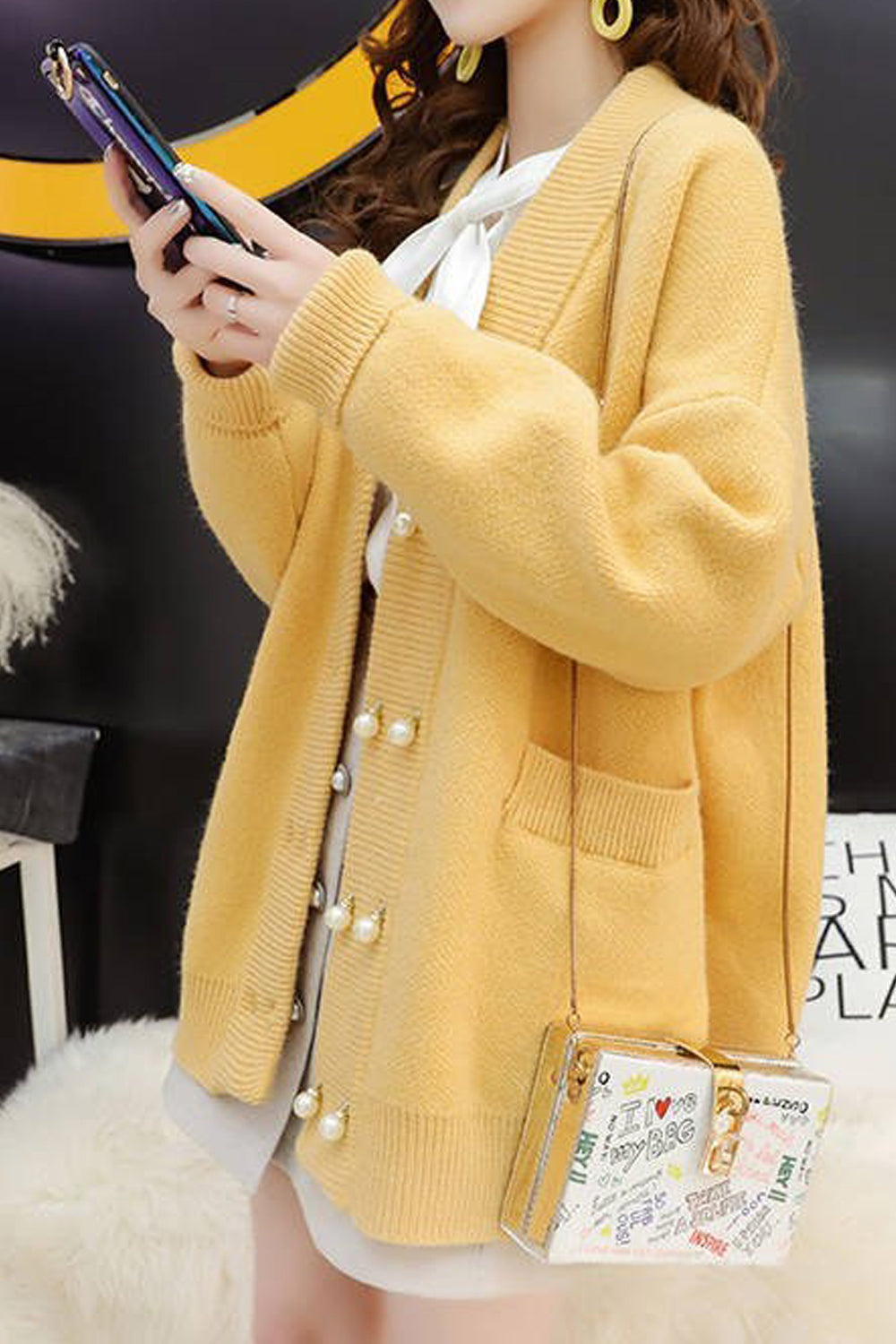 Women Winter Mid-Length Fashion Loose Thick & Warm Long Sleeve Button Closure Cardigan