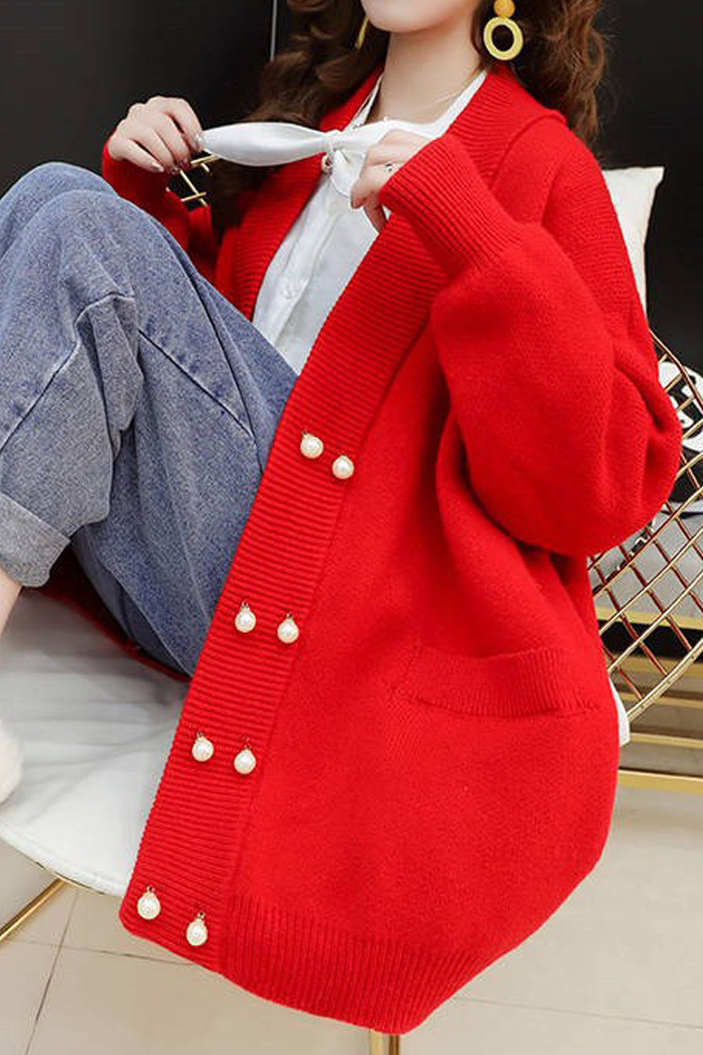 Women Winter Mid-Length Fashion Loose Thick & Warm Long Sleeve Button Closure Cardigan