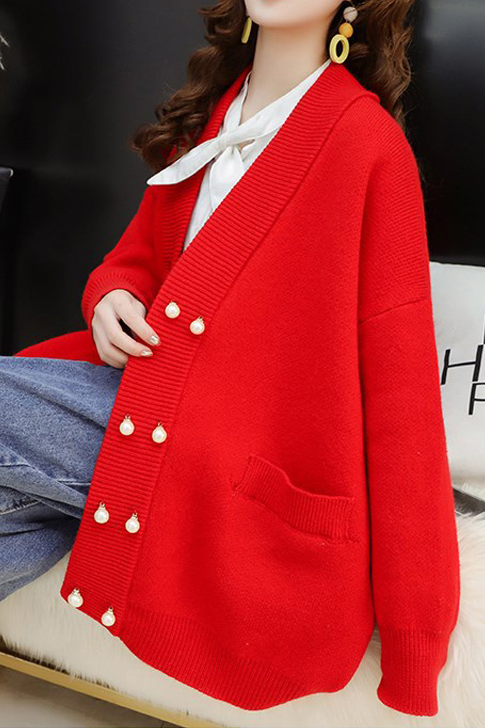 Women Winter Mid-Length Fashion Loose Thick & Warm Long Sleeve Button Closure Cardigan