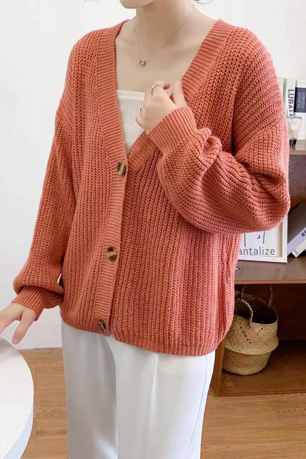 Women Fantastic Solid Colored Warm & Stretchable Long Sleeve Button Closure Restful Cardigan