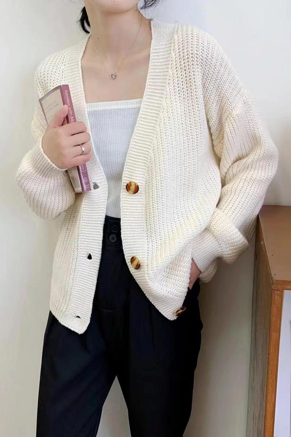 Women Fantastic Solid Colored Warm & Stretchable Long Sleeve Button Closure Restful Cardigan