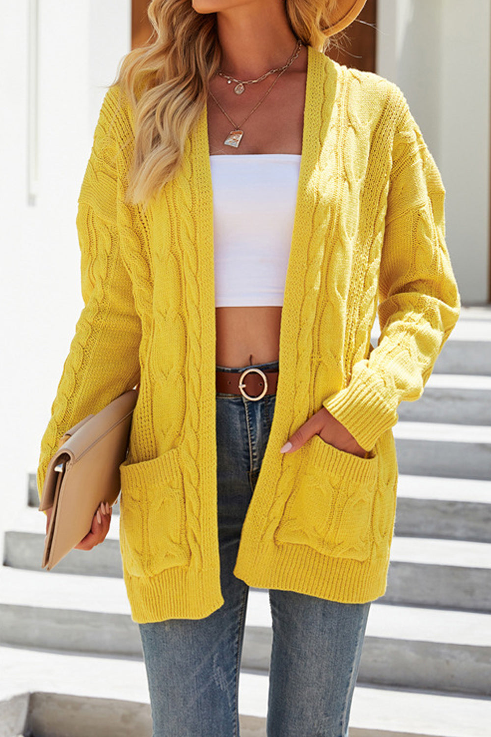 Women Splendid Solid Colored Flap Pockets Designed Knitted Long Sleeve Mid-Length Cardigan