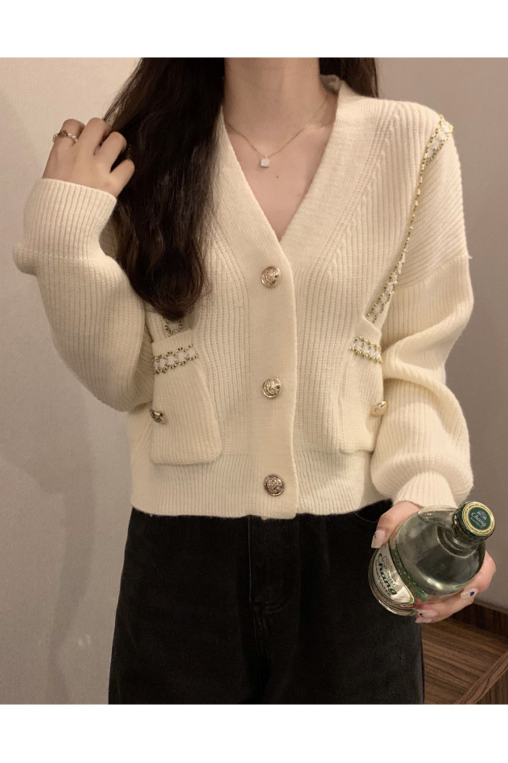 Women Restful V-Neck Easy Button Closure Warm Long Sleeve Superb Solid Colored Cardigan