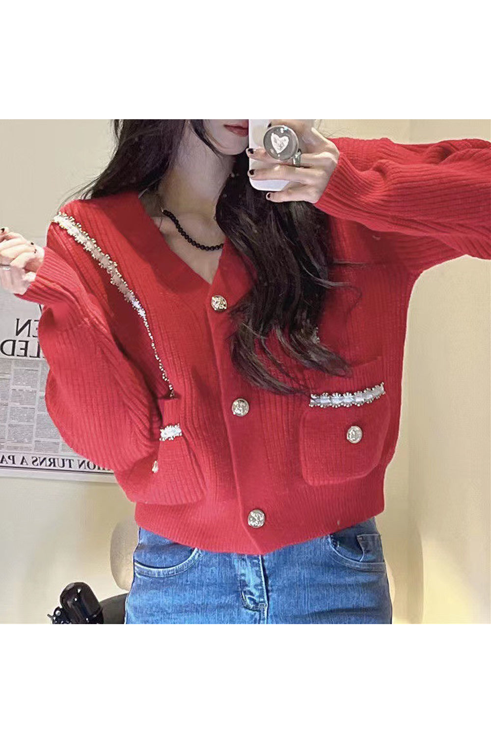 Women Restful V-Neck Easy Button Closure Warm Long Sleeve Superb Solid Colored Cardigan
