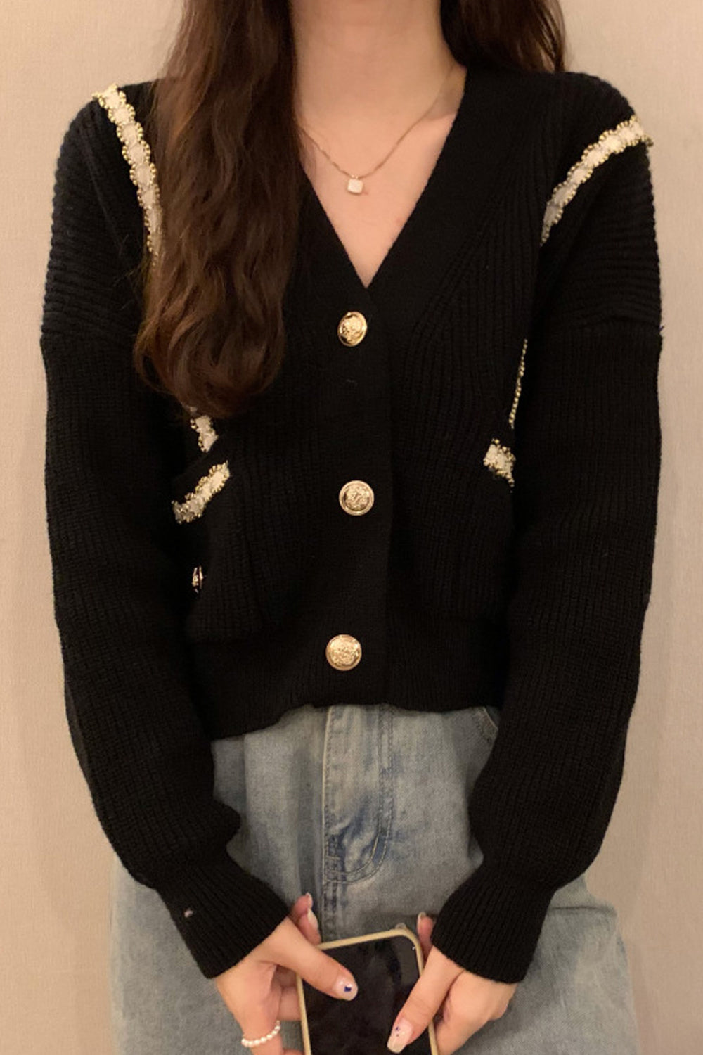 Women Restful V-Neck Easy Button Closure Warm Long Sleeve Superb Solid Colored Cardigan